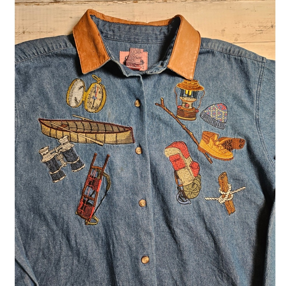 Cambridge Country Store Denim Shirt Leather Collar Embroidered Camping Vintage L